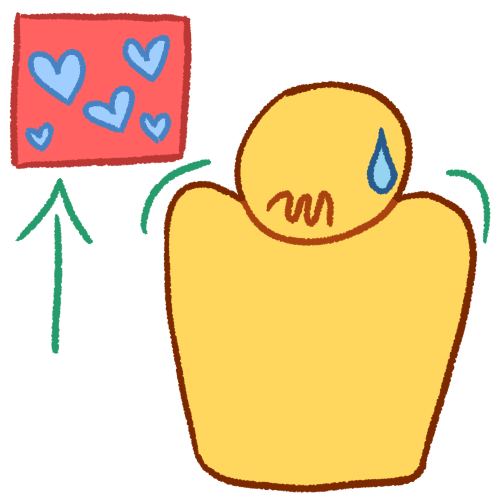  a drawing of a plain yellow person looking uncomfortable, with their shoulders raised, their mouth in a squiggly line, and a sweat droplet on their head. next to them is a pink square containing five light blue hearts with a green arrow pointing to it.